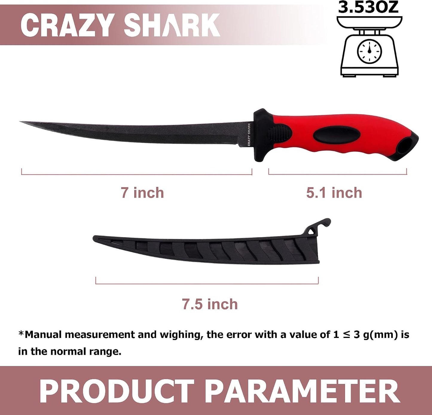 Cuchillo filete pesca acero inox 7" antiderrap con funda