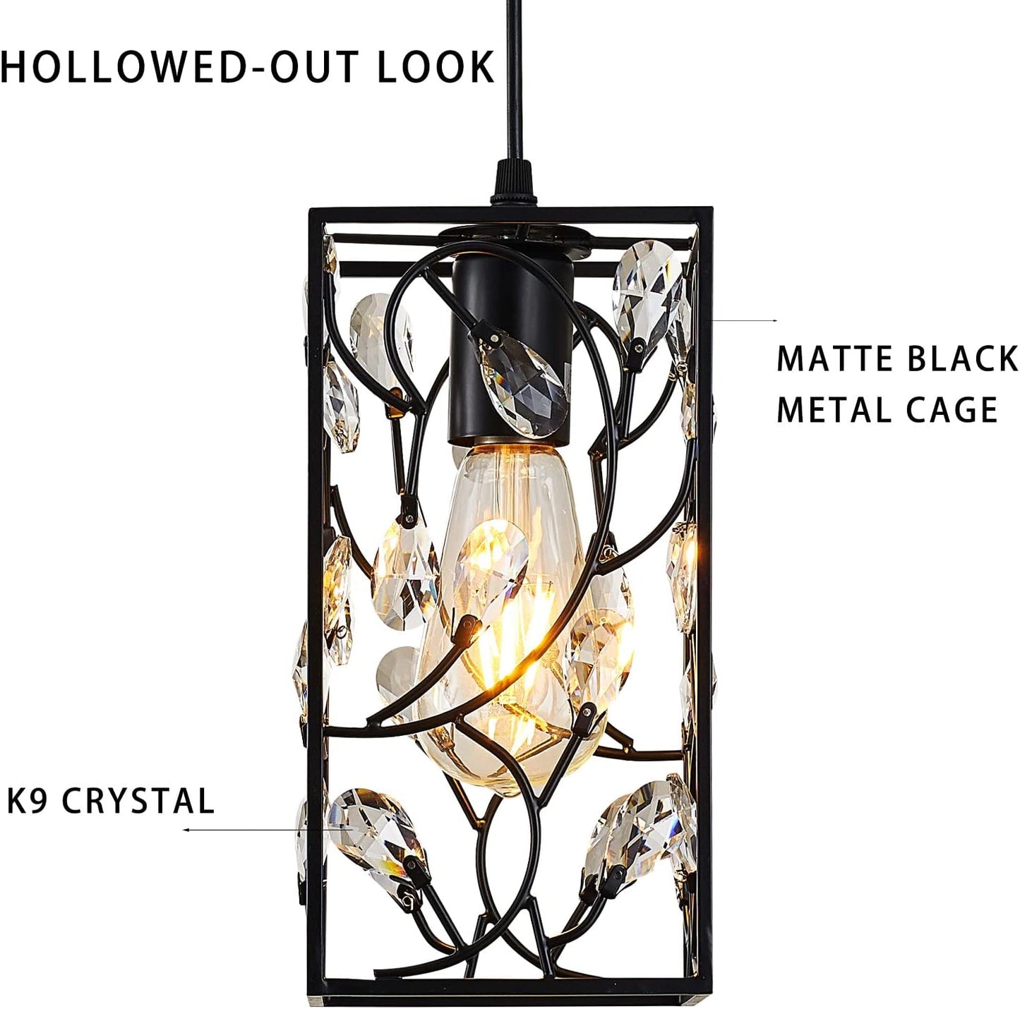 Lámpara colgante rectangular cristal jaula metal 1 luz negro