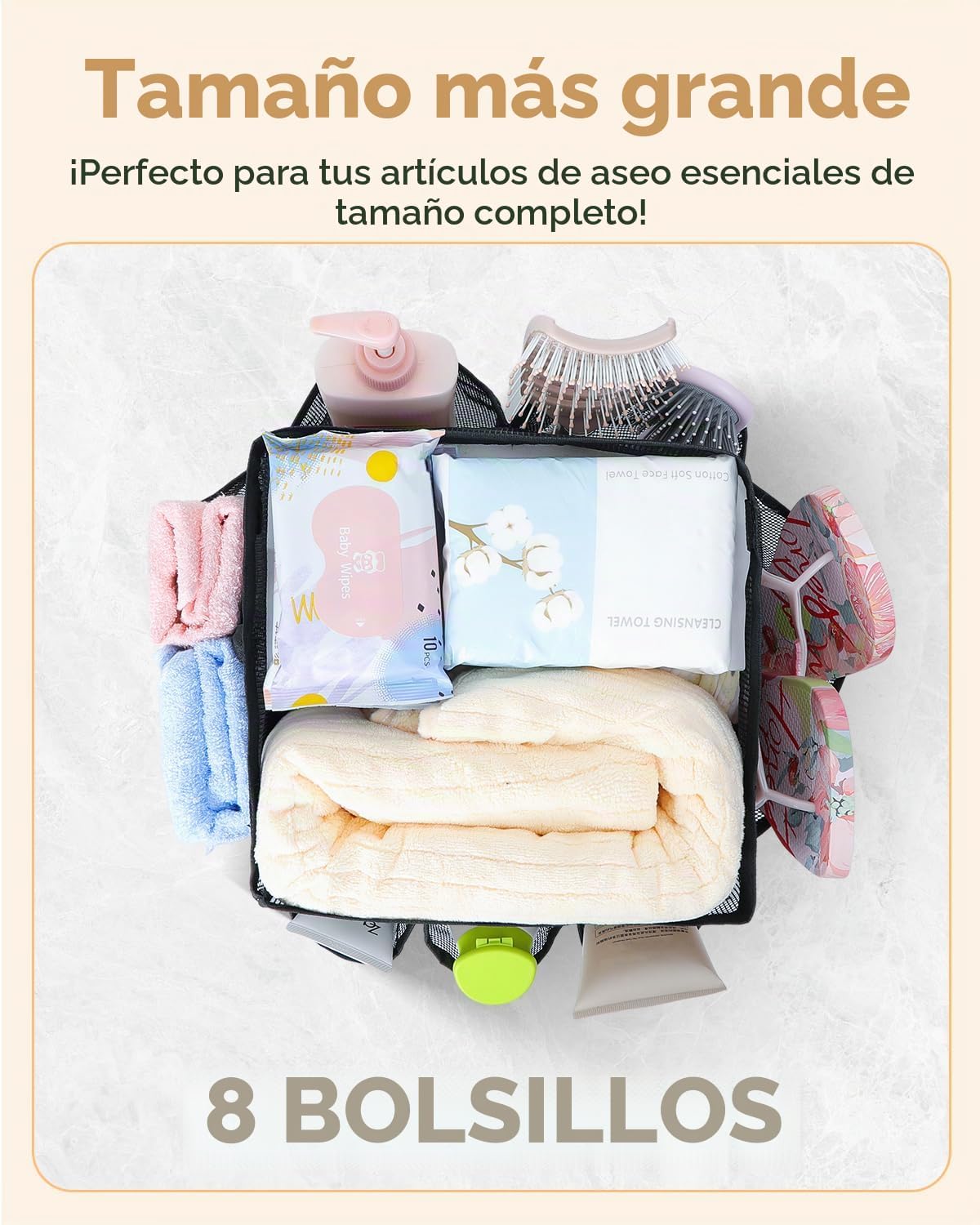 Bolsa ducha malla con 8 bolsillos portátil secado rápido