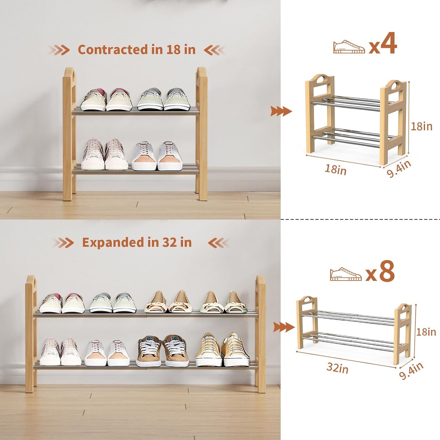 Zapatero madera 18-32" acero inox 2 niveles organiz.