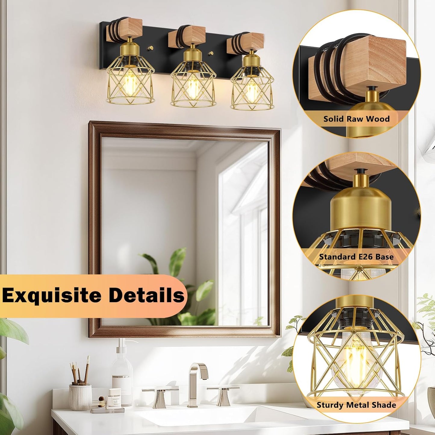 Luz de tocador 3 luces negra y dorada para baño y sala