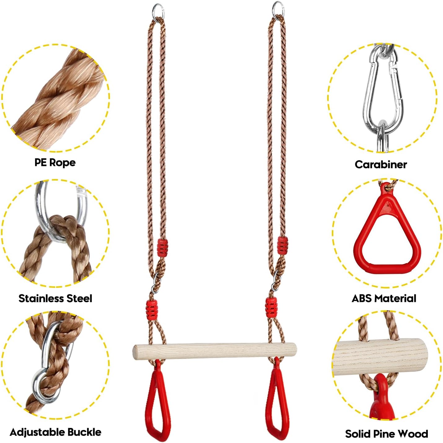 Barra trapecio madera anillos plástico cuerda ajustable