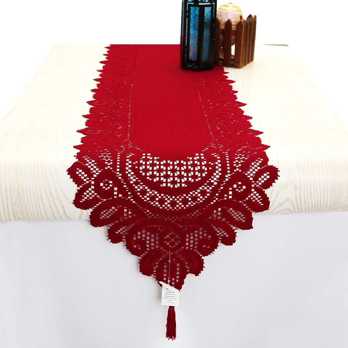 Camino mesa encaje decoración boda navidad 13x70pulg rojo
