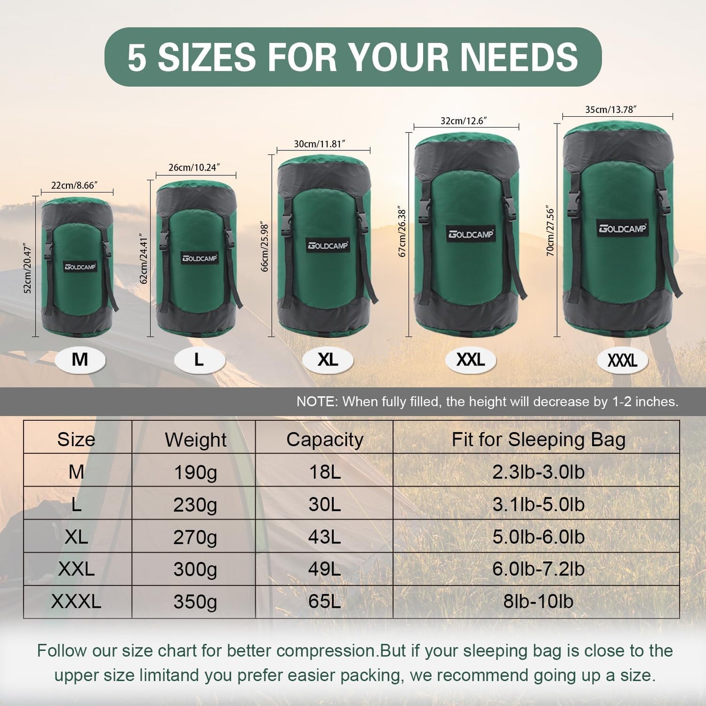 Saco compresión bolsa dormir 18-65 L viajes camping