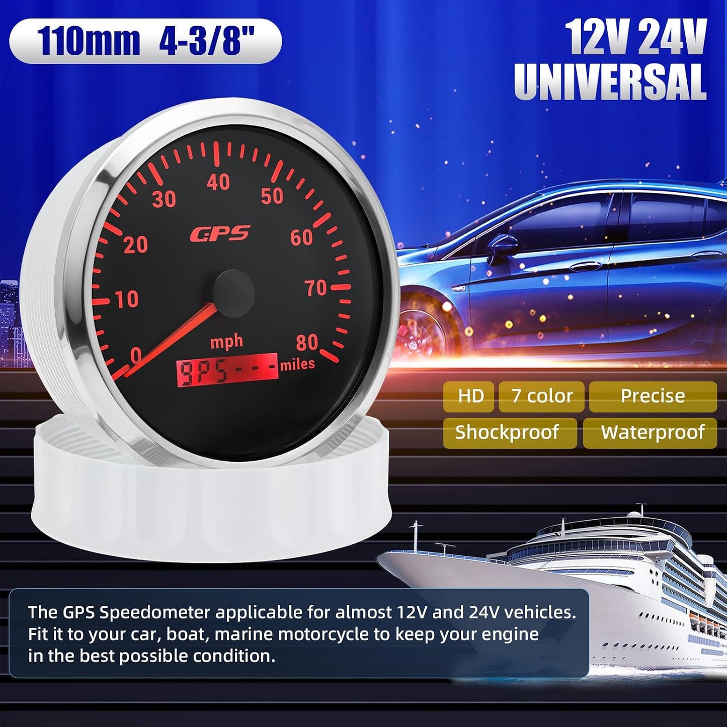Velocímetro GPS embarcación 110mm 80MPH antena marino negro