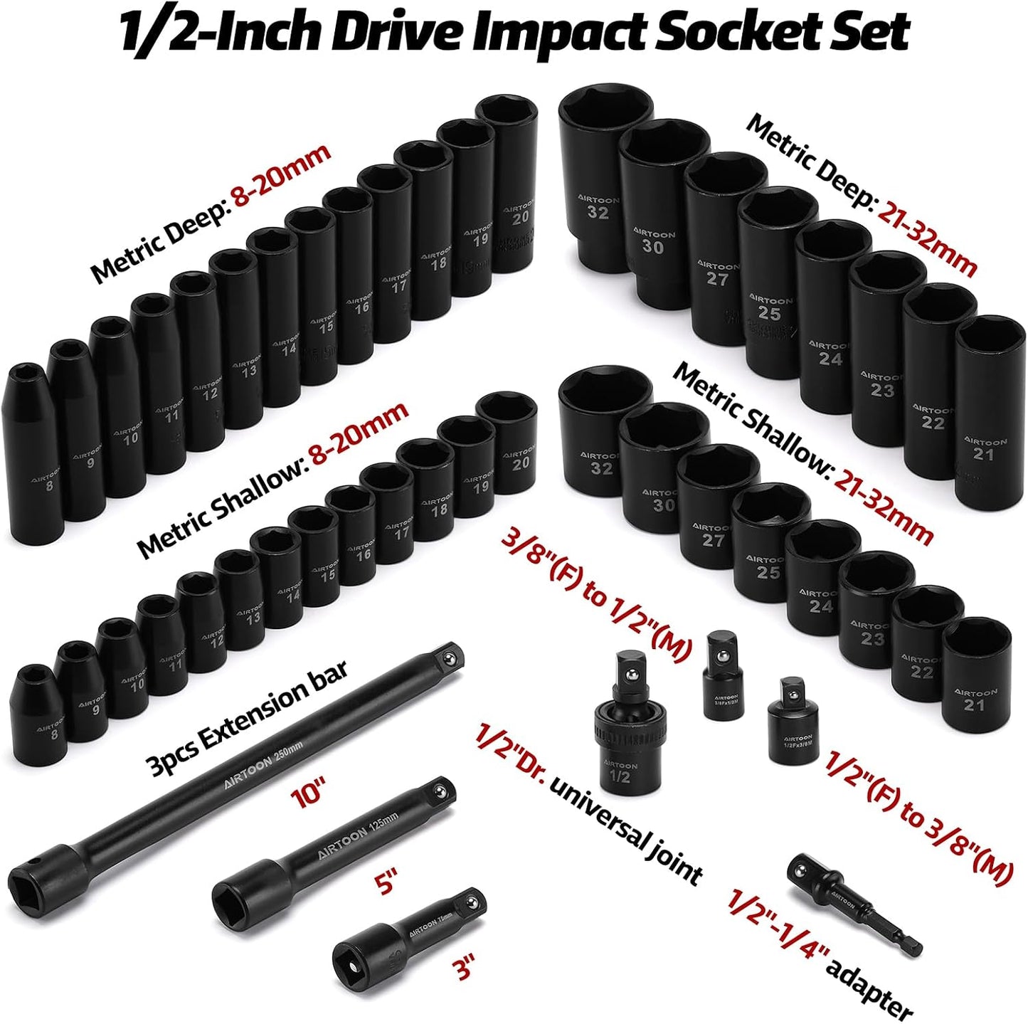 Set llaves impacto 1/2 pulg 49 pzas vasos 8-32mm acero CR-V