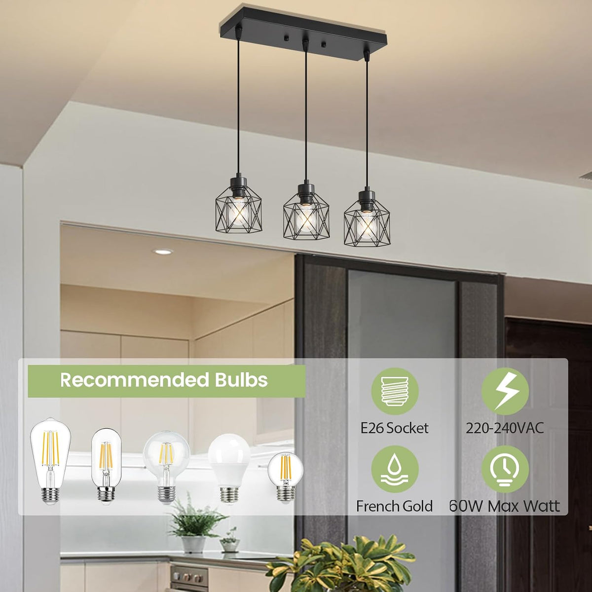 Lámpara colgante de 3 luces estilo industrial E26 negro