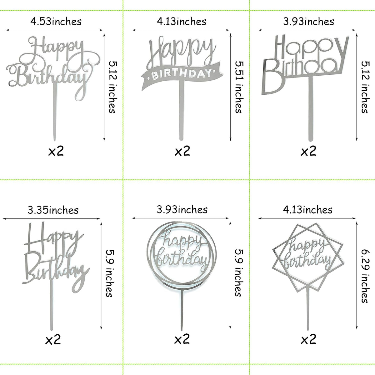 Set 12 Adornos Acrílicos Tarta Cumpleaños Plateado