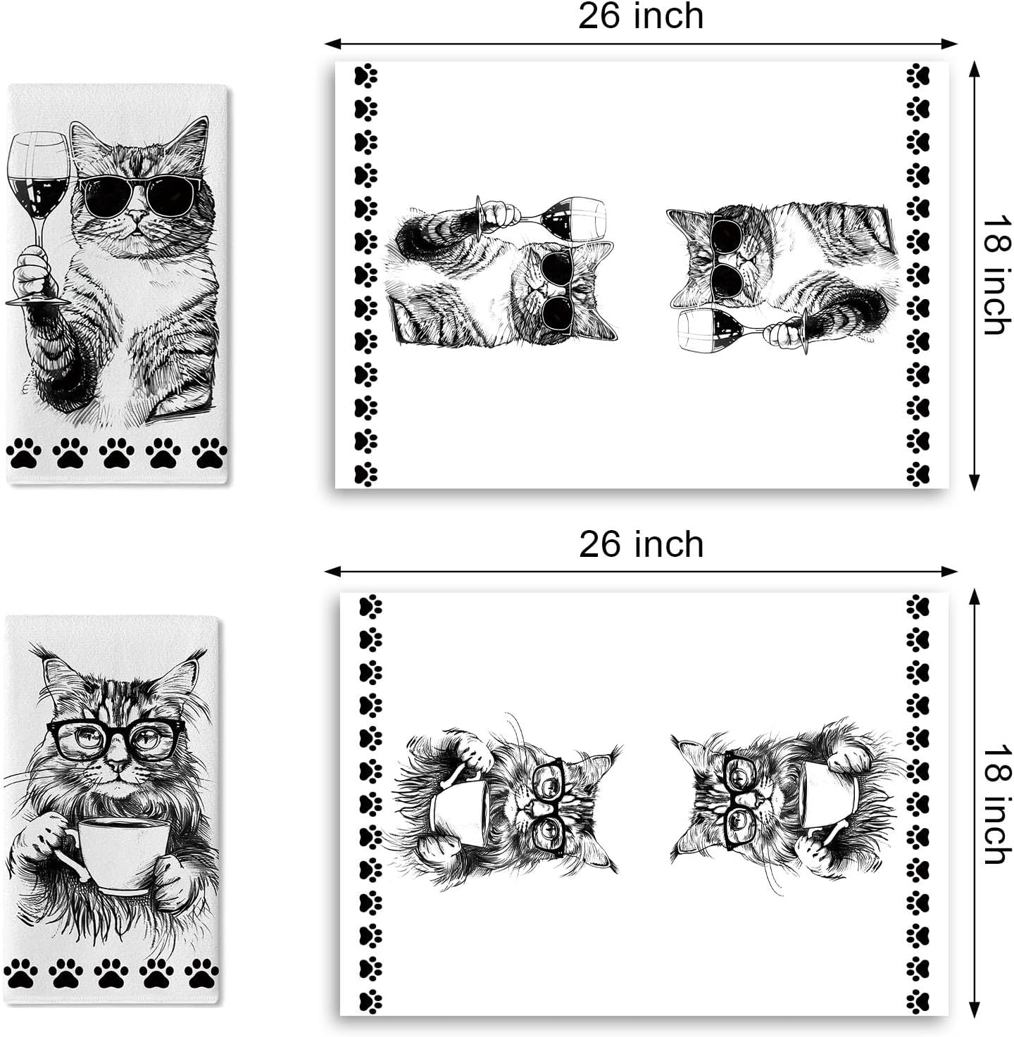 Toallas cocina gato set 2 negras blancas con estampado patas