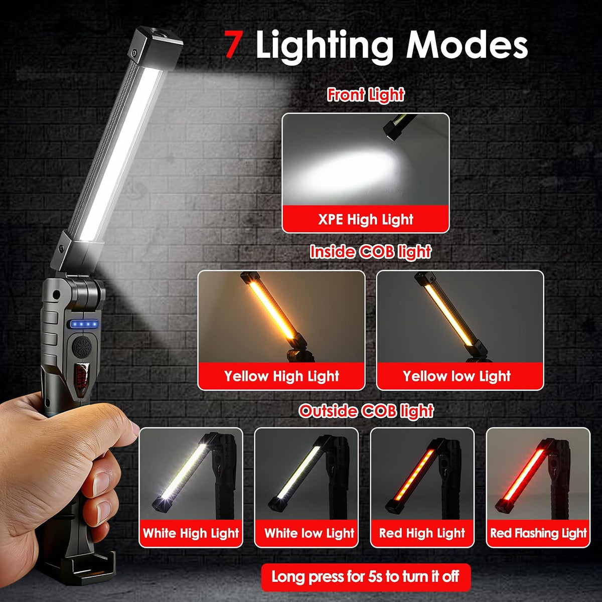 Luz trabajo LED magnética 7 modos recargable rotación 180°