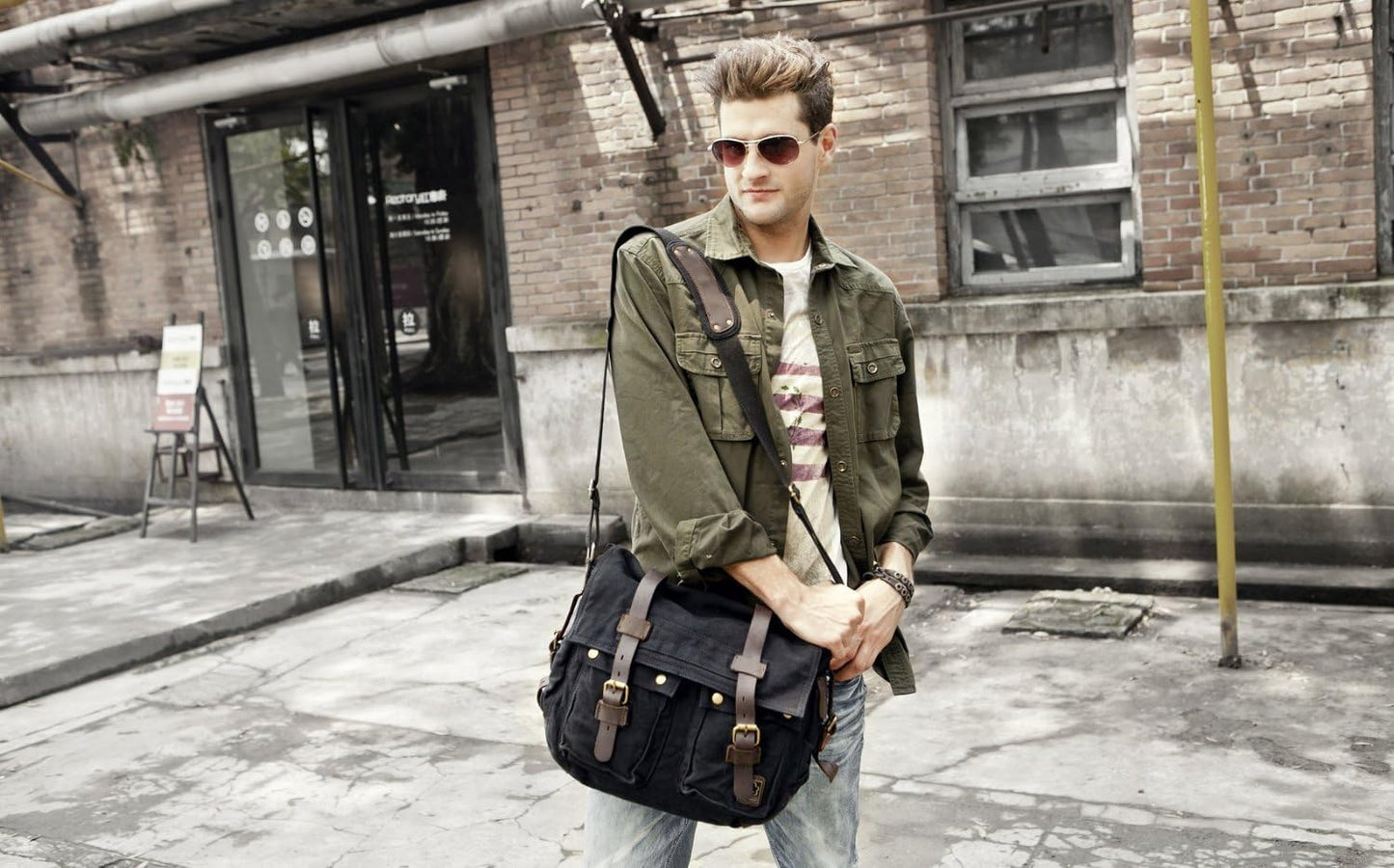 Bolso mensajero lona cuero vintage para hombre deporte