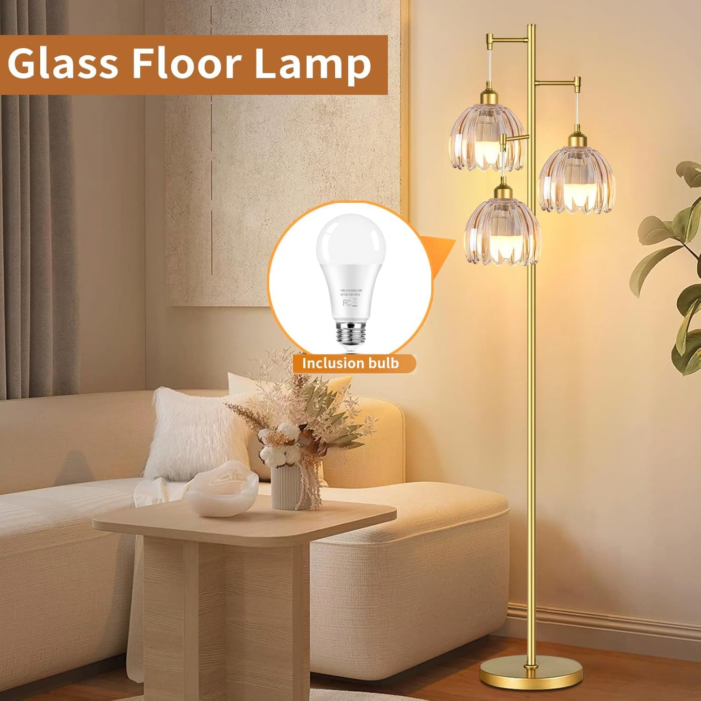 Lámpara pie dorada 3 luces pantalla cristal sala dormitorio