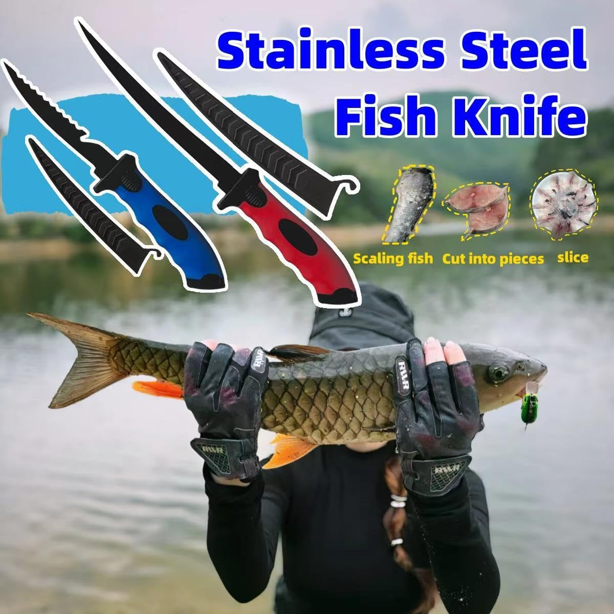 Juego cuchillos pesca filete cepillo escamas tijeras guantes