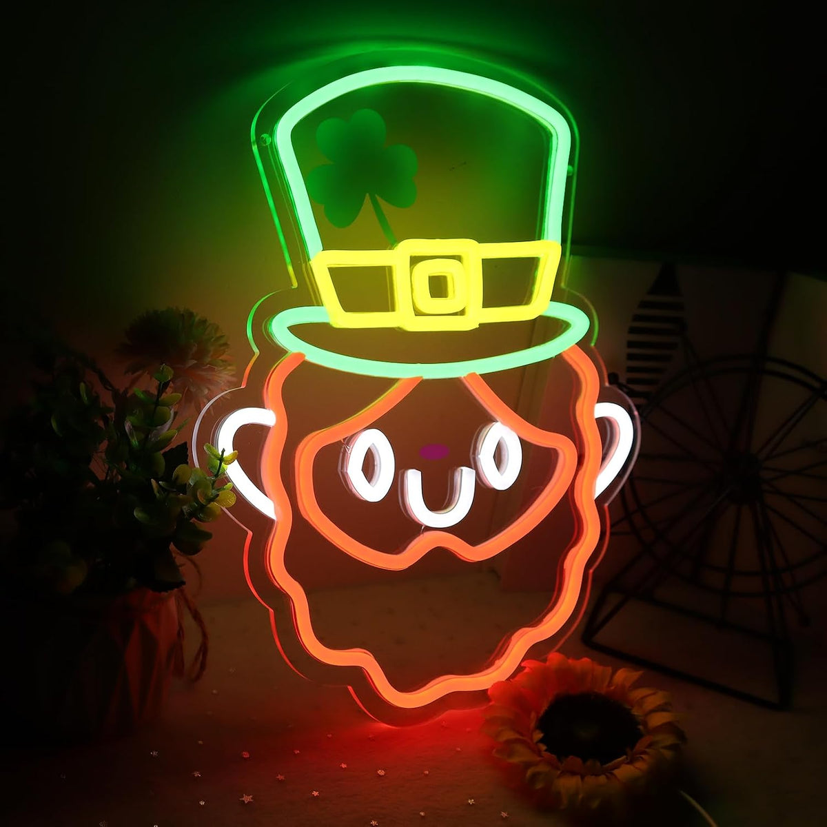 Letrero neón San Patricio sombrero trébol LED verde y naranja