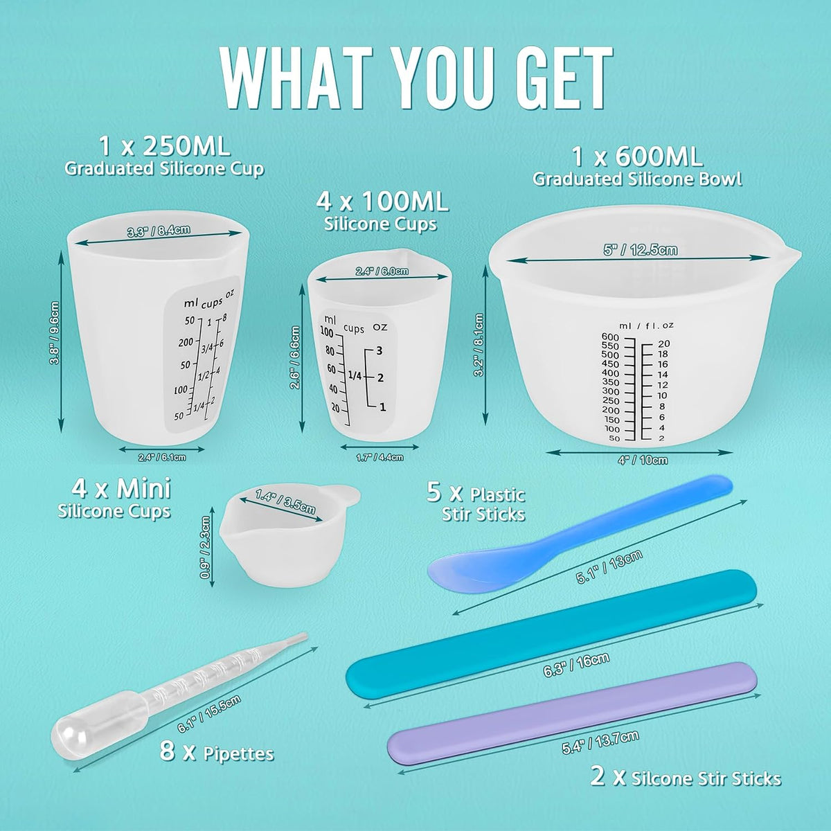 Tazas silicona reutilizables 600ml 250ml 100ml para mezcla resina