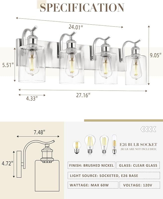 Lámpara tocador baño 4 luces níquel vidrio