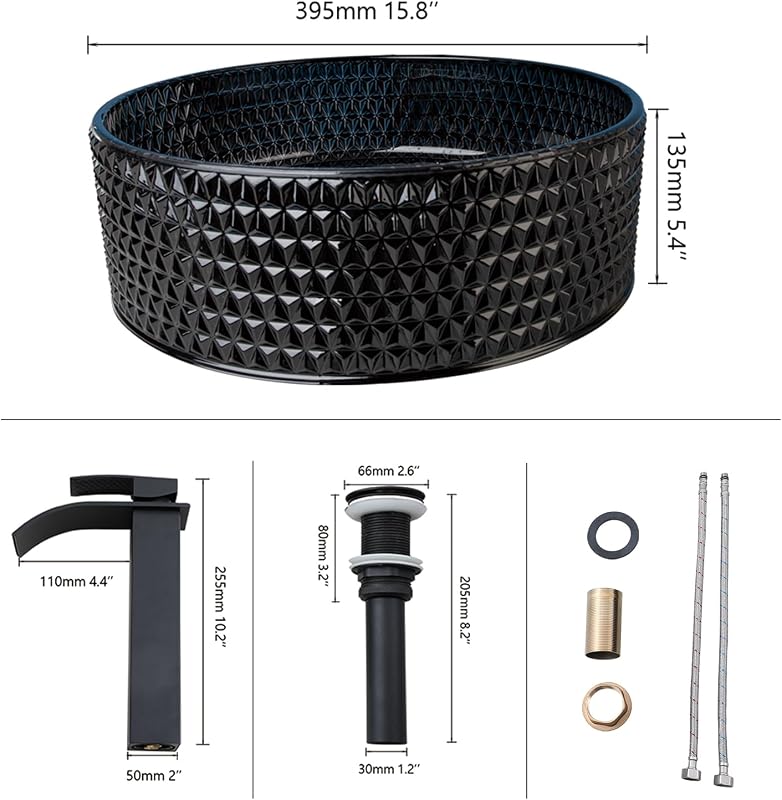 Fregadero vidrio templado negro 16" redondo con grifo