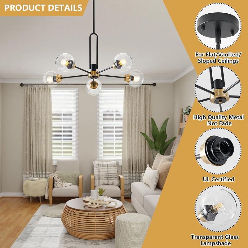 Lámpara Sputnik 5 luces negras y doradas techo ajustable
