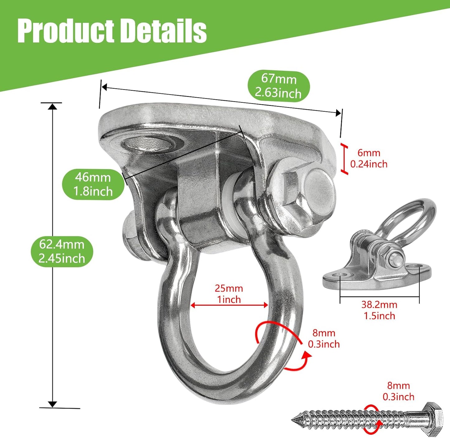 2 Perchas Acero Inox 304 Resistentes 2000lb para Columpio 180°