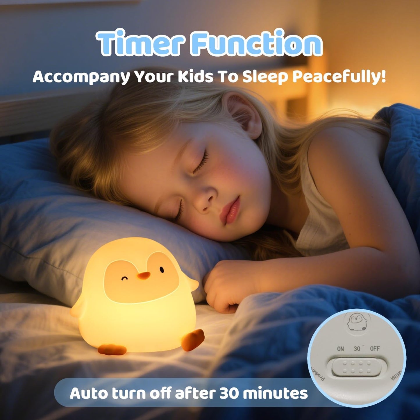 Luz nocturna pingüino para niños con tacto y 2 brillos