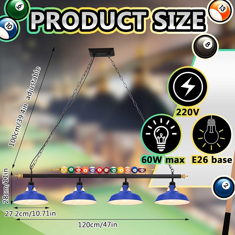 Luces mesa billar 4 luces colgantes salas set azul