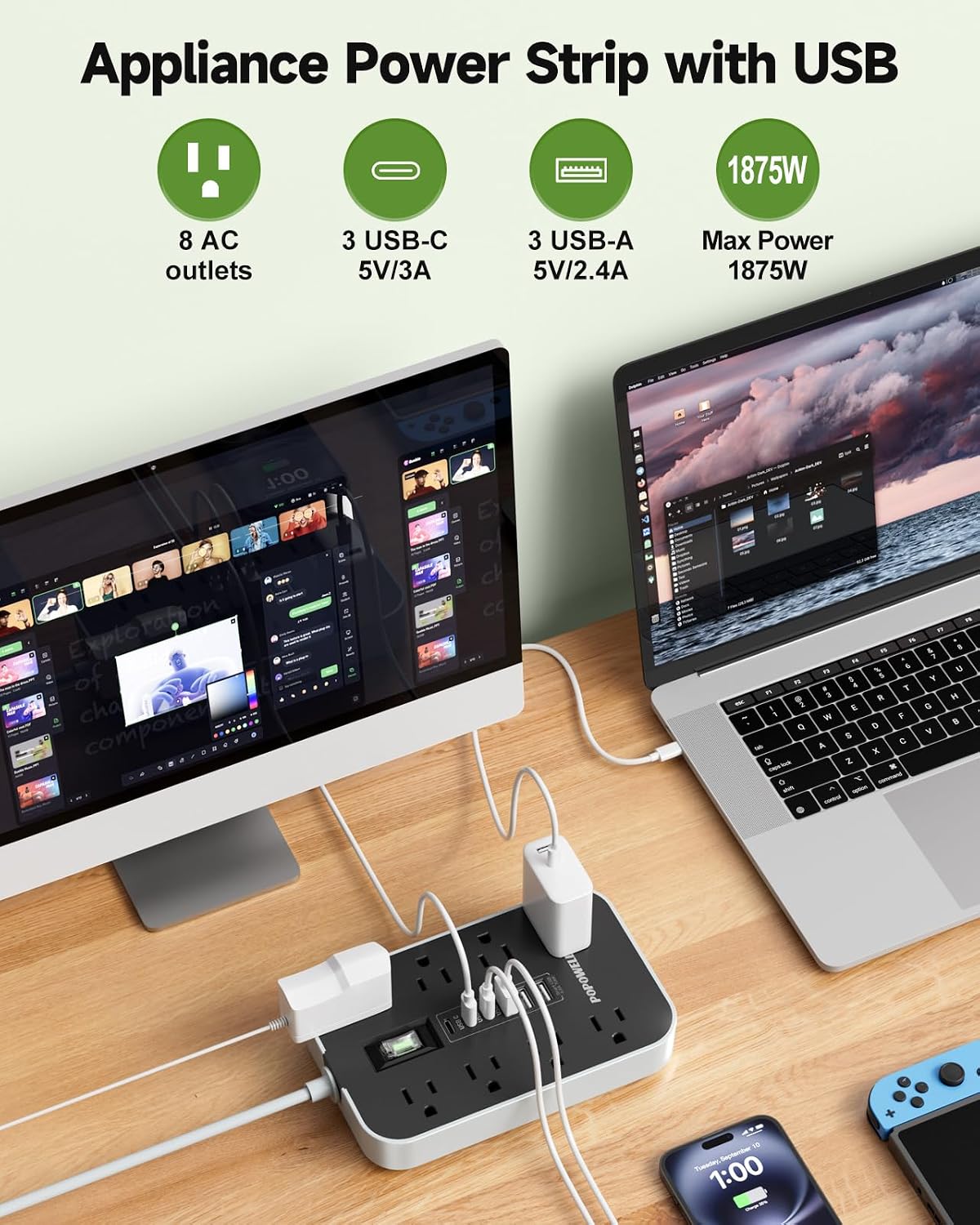 Regleta alimentación 8 tomas CA 6 puertos USB 1080J alta potencia