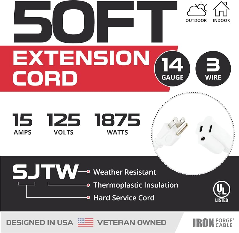 Cable extensión 15A 50 ft 14/3 clavija 3 pzas blanco