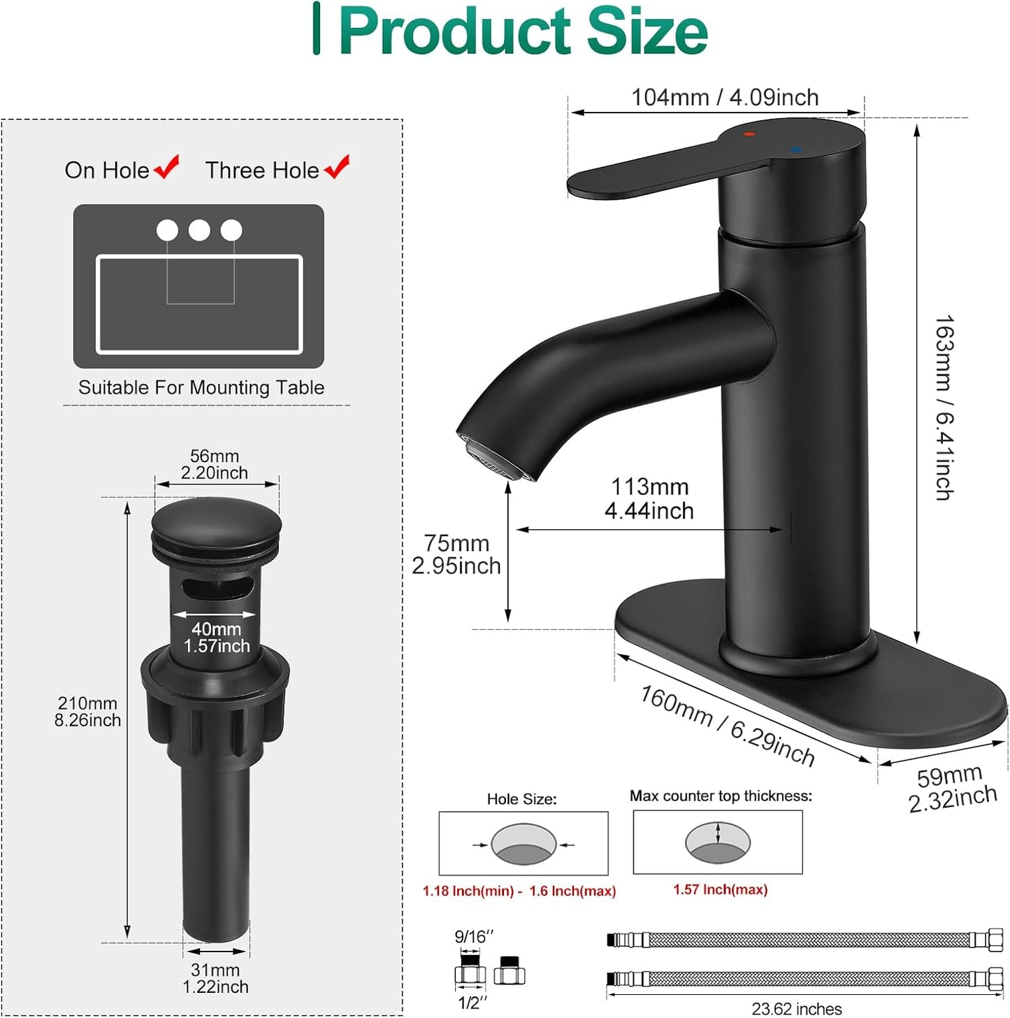 Grifo baño negro mate mango acero inox 1 o 3 agujeros