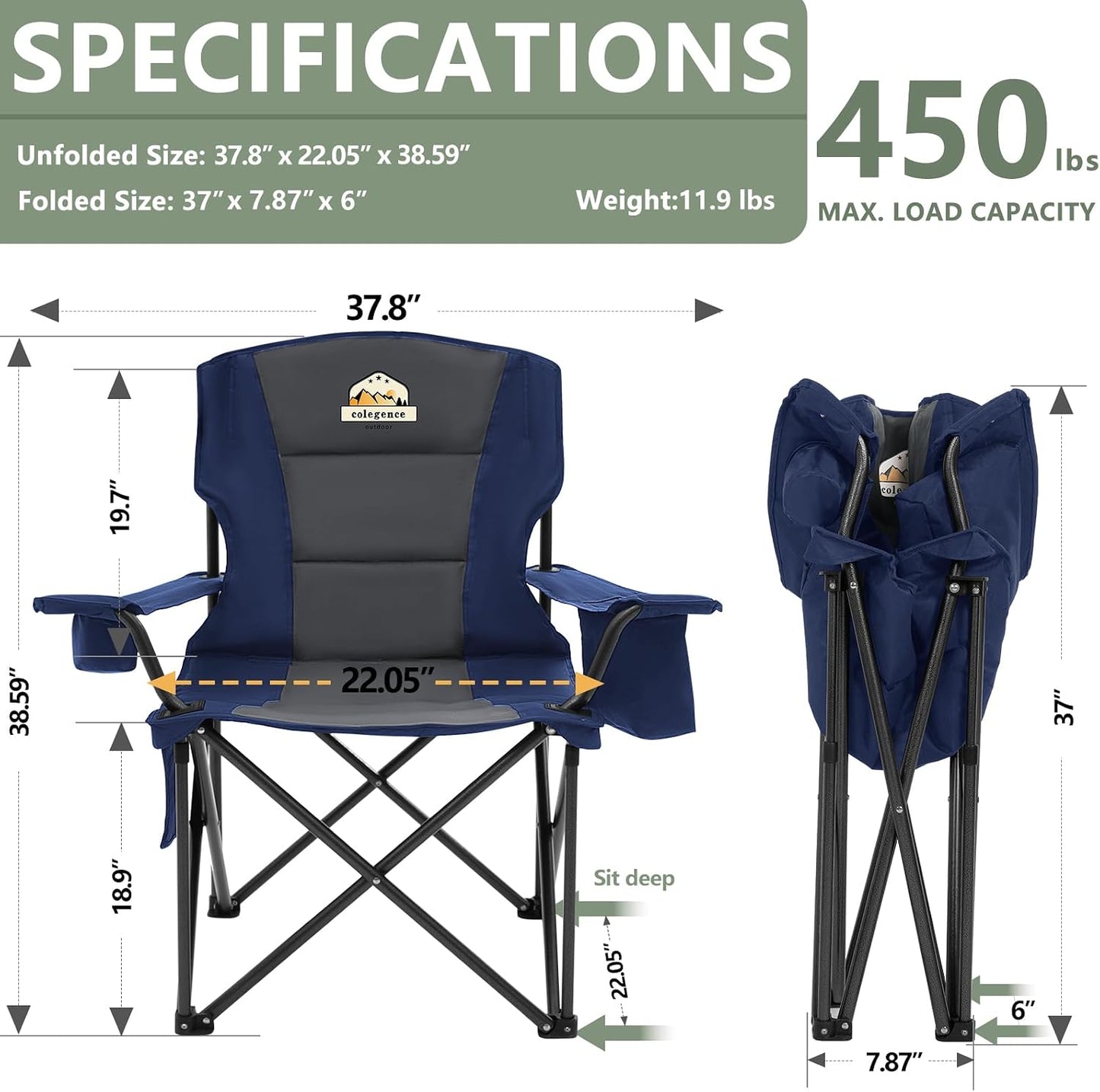 Sillas campamento plegables 450lb cojín acolchado azul
