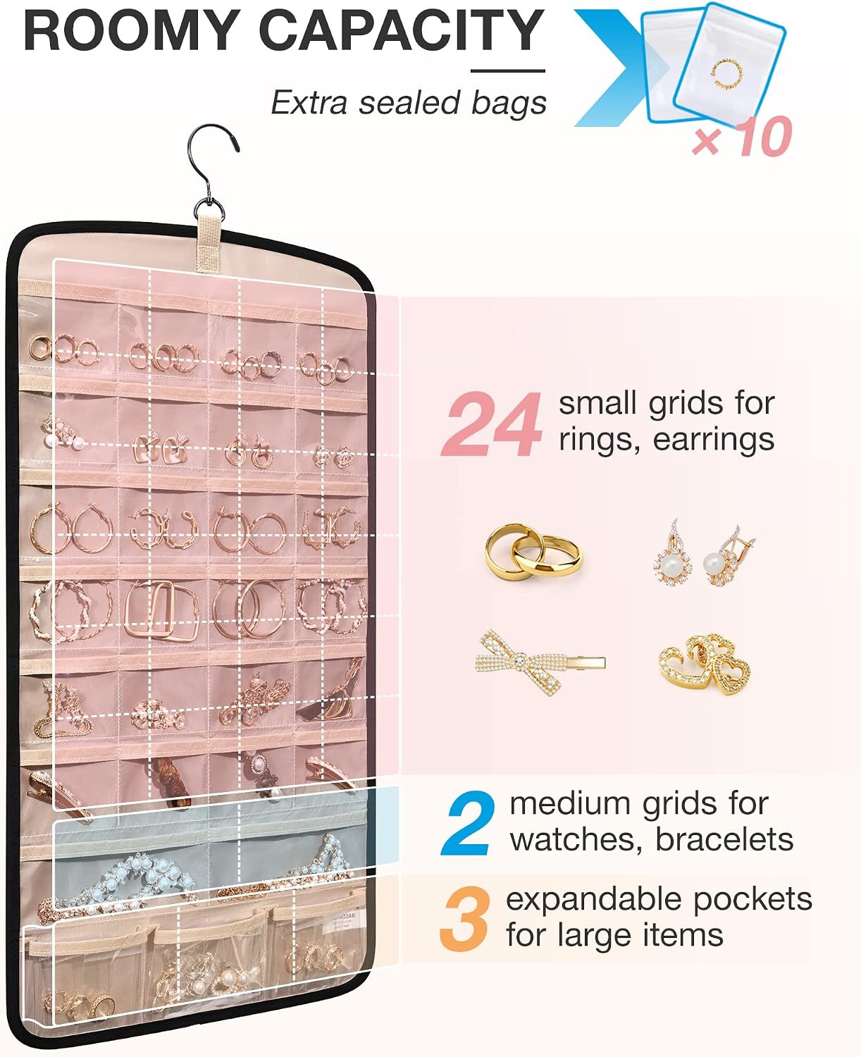 Organiz. joyas colgante con 10 bolsas y rollo almacenamiento