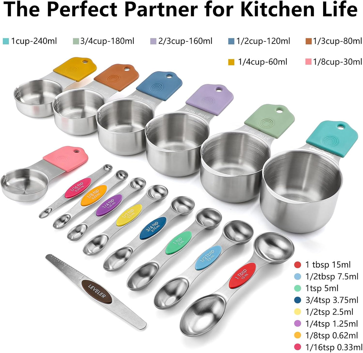 Set 16 Tazas y Cucharas Medidoras Magnéticas Acero Inox