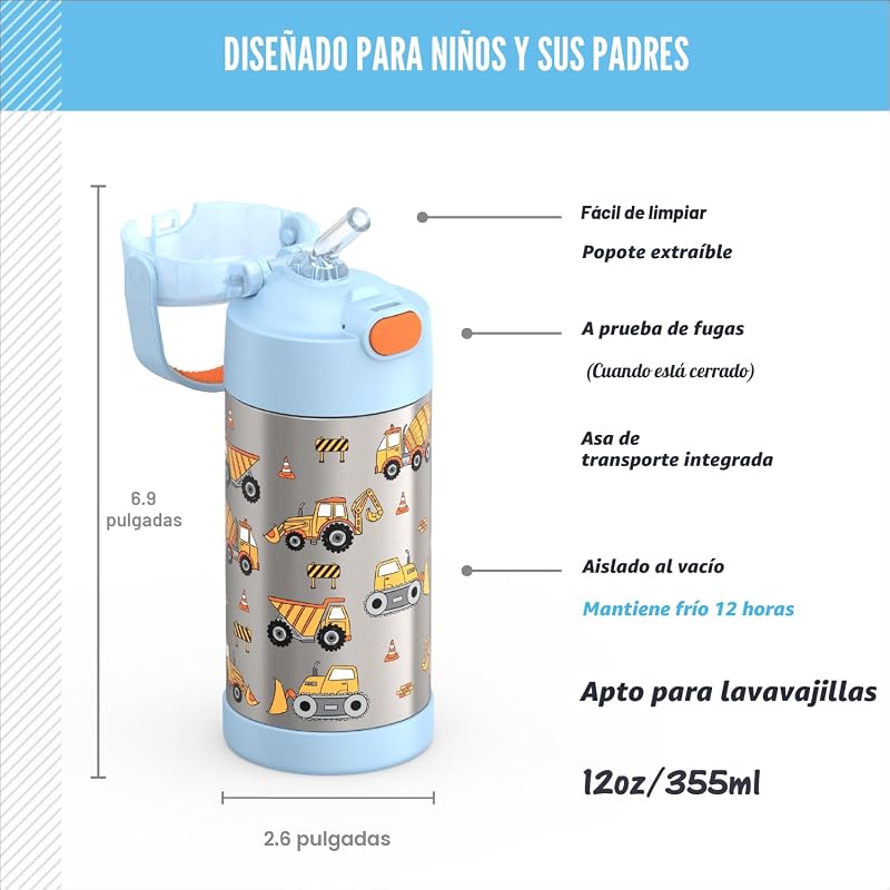 Botella agua acero inox para niños con pajilla 12oz