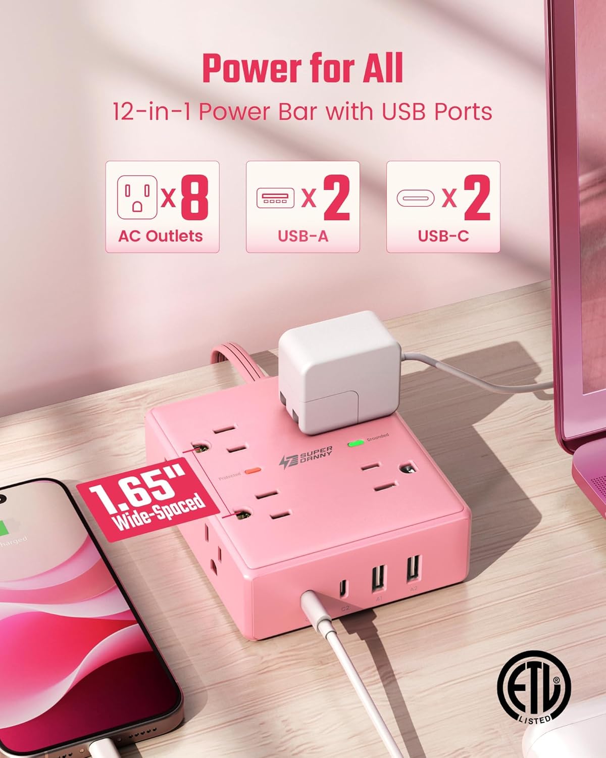 Cable extensión rosa 10ft con regleta 8 tomas USB C