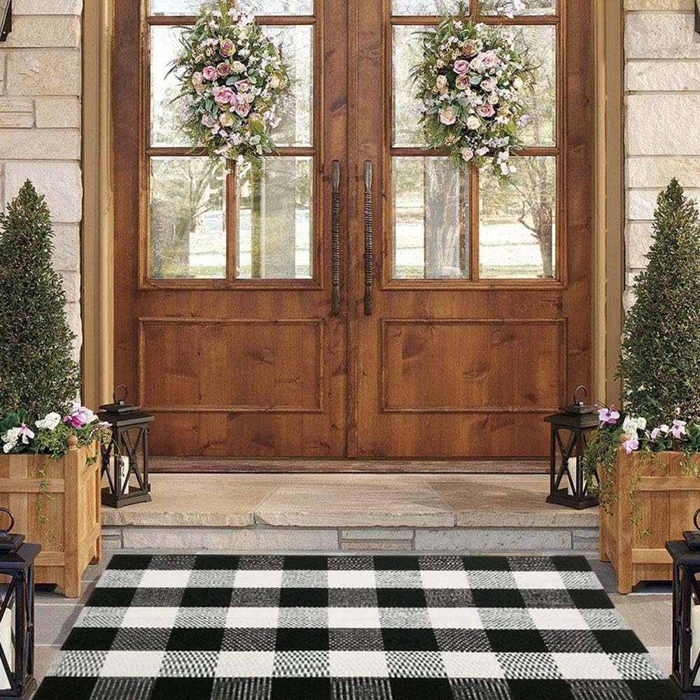 Alfombra cuadriculada lana 27.5x43pulg color blanco y negro