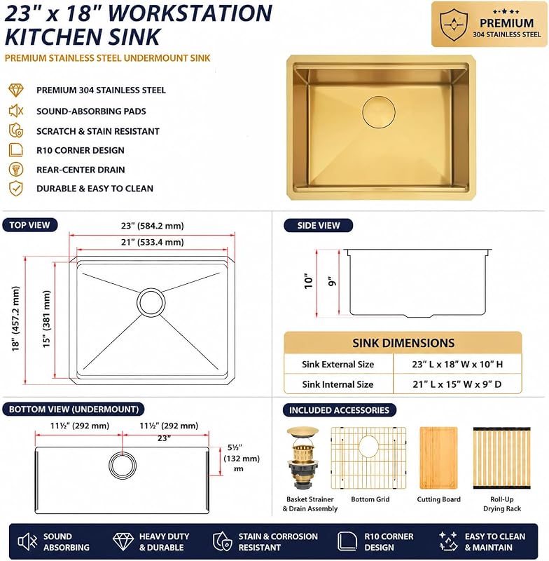 Fregadero cocina acero inox T304 23x18" con repisa