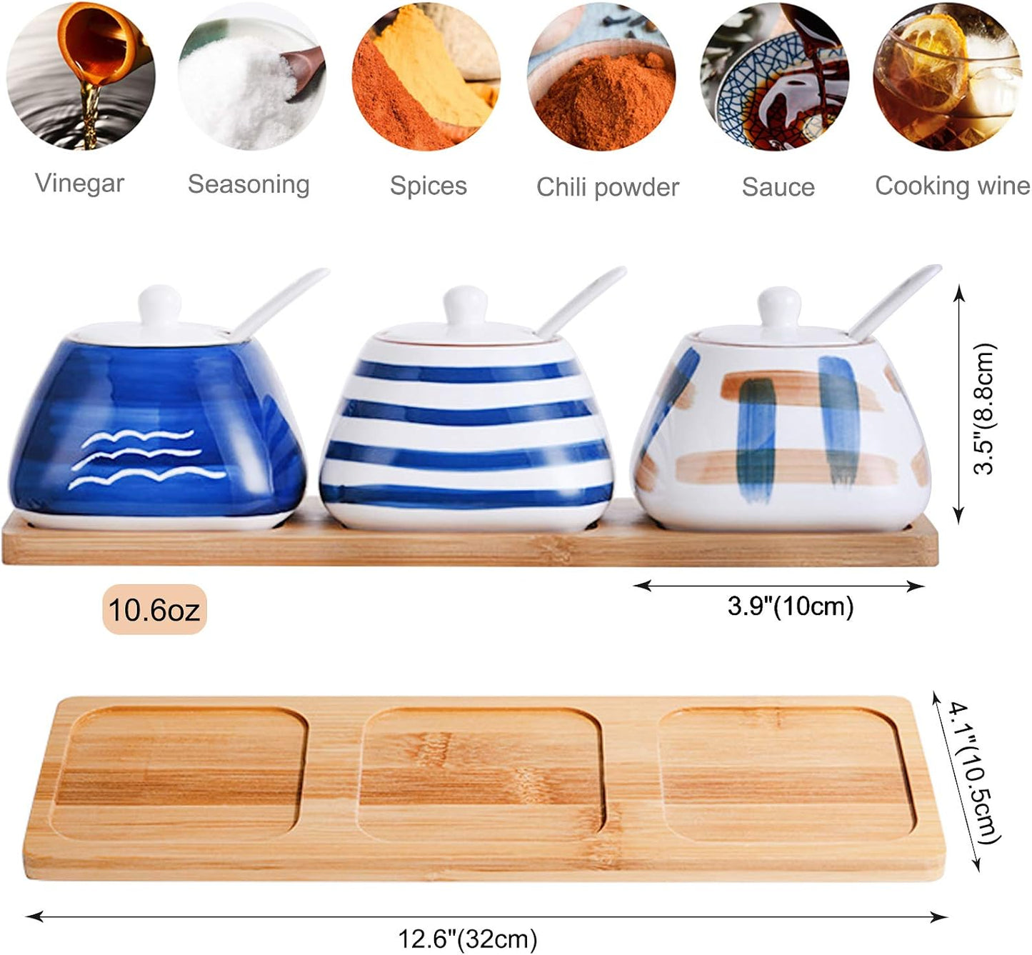 Recipiente especias cerámica set 3 con cuchara y tapa