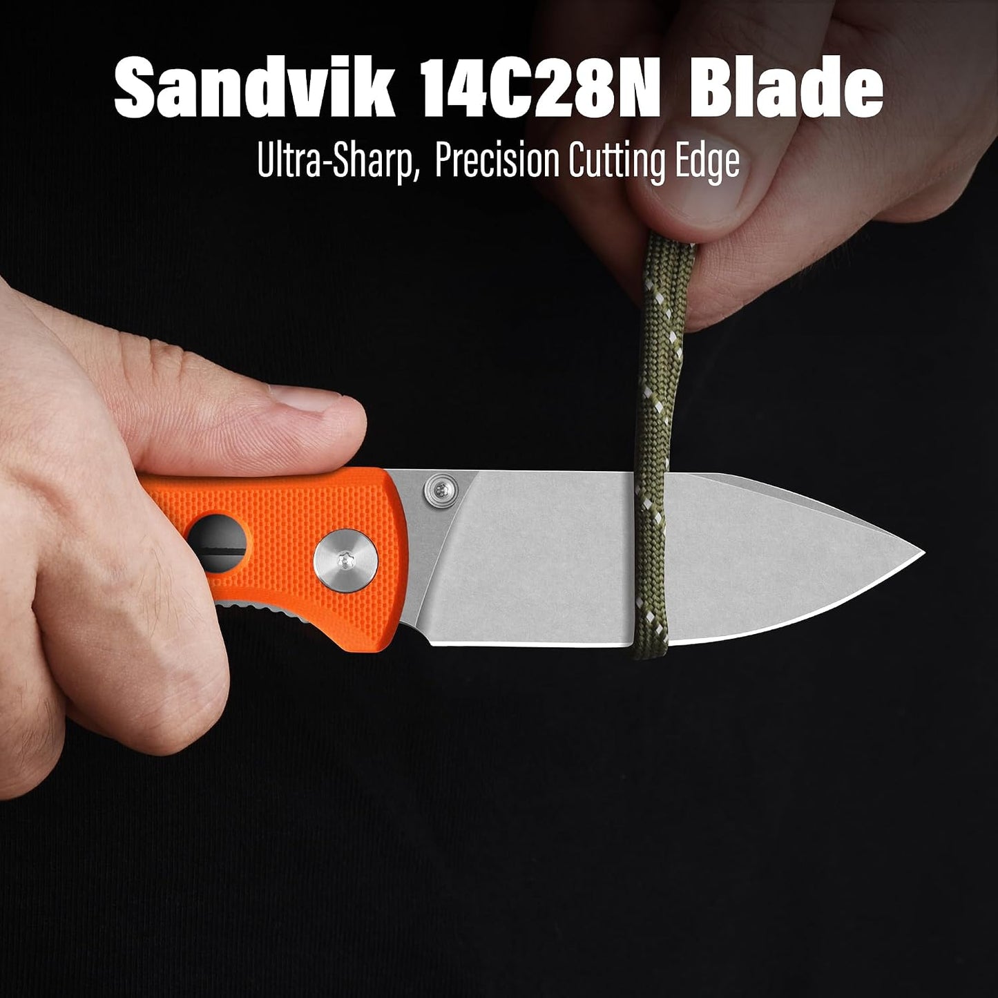 Cuchillo EDC hoja 7.21cm Sandvik 14C28N mango G10 naranja