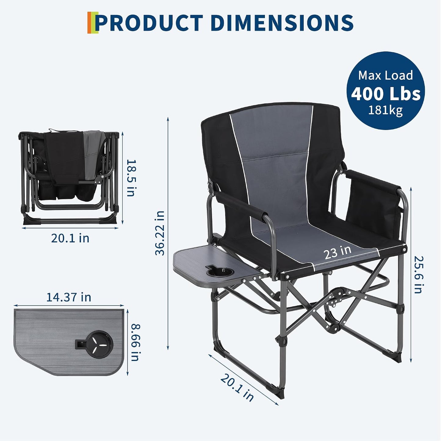 2 Sillas Campamento Plegables Adultos 400lb con Mesa