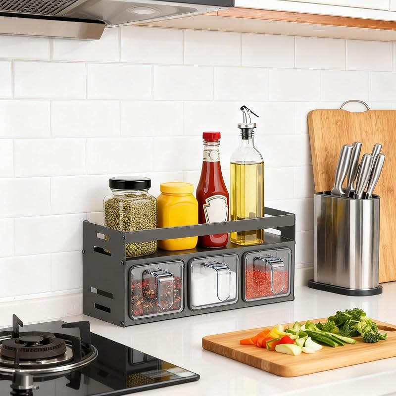 Estante especias cocina 3 rejillas gris multifuncional
