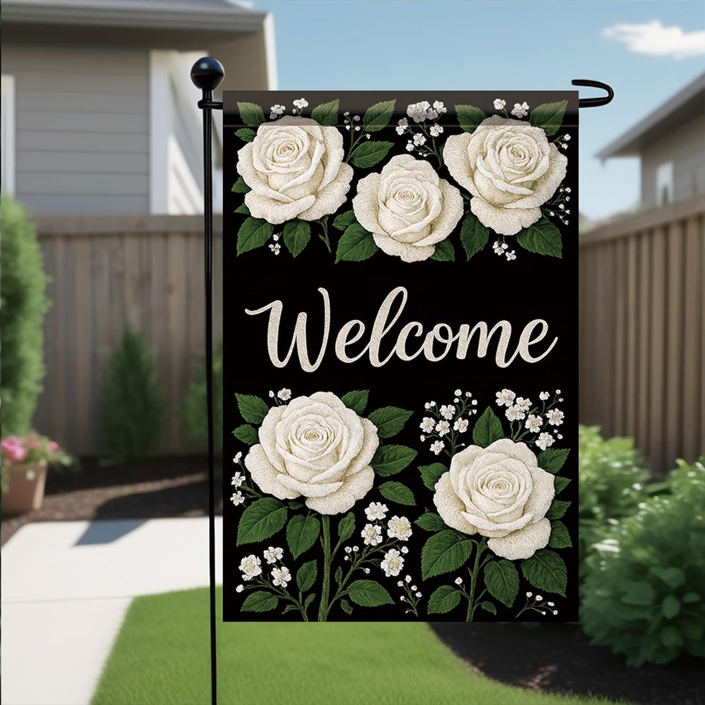 Bandera bienvenida rosas blancas 12x18pulg doble cara