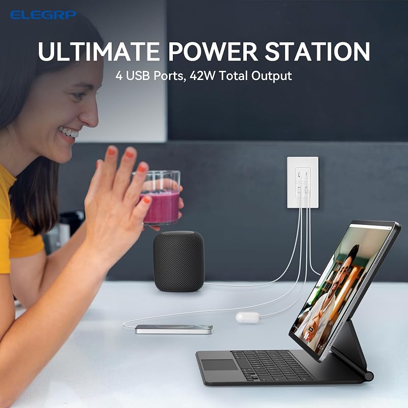 Cargador USB 4 puertos 42W pared blanco mate set 6