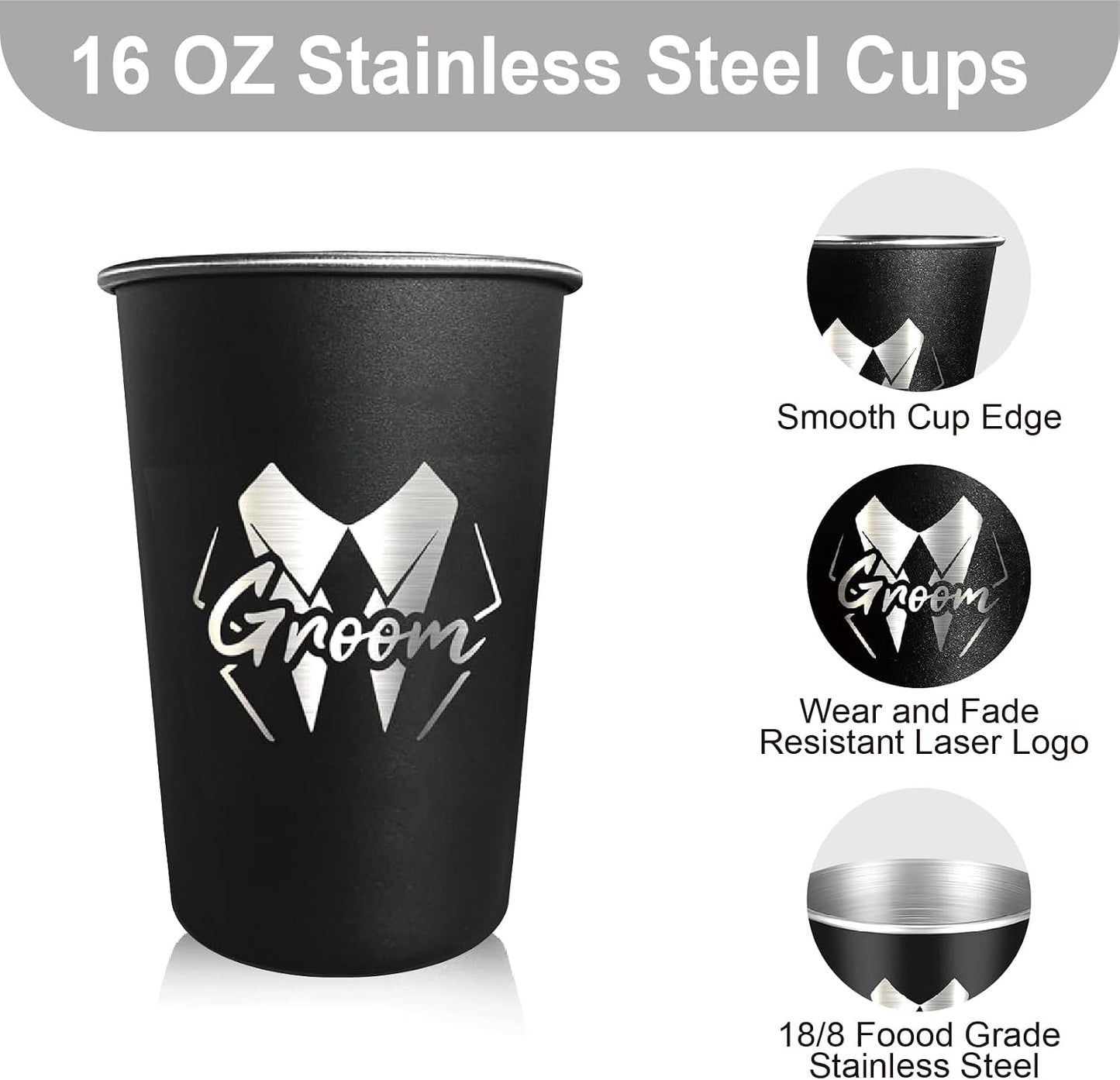 7 Vasos Acero Inox 16oz para Padrinos Boda