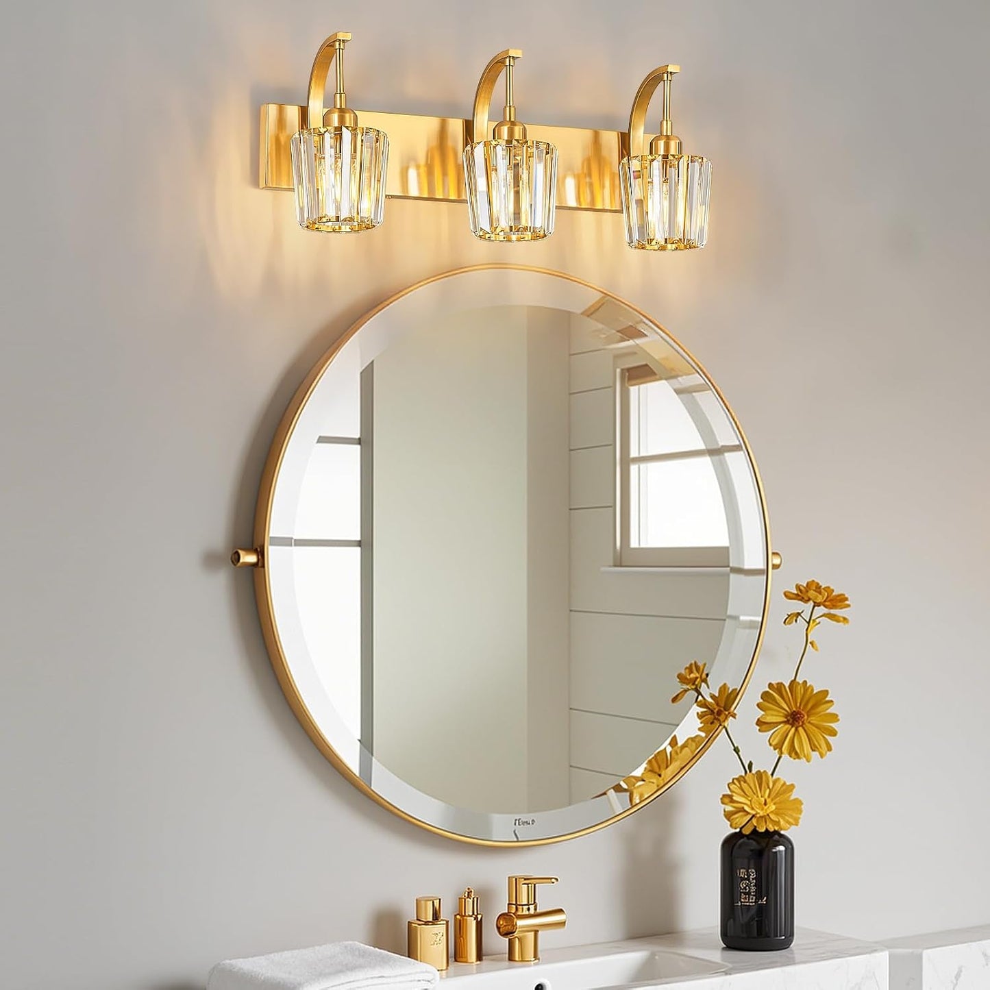 Lámpara de tocador dorada de 3 luces con cristal 23.62pulg