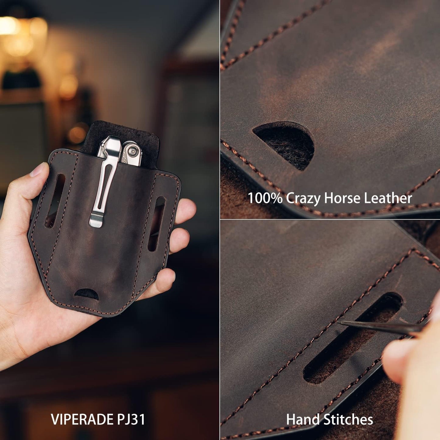 Funda cuero EDC para multiherramienta linterna cuchillo marrón