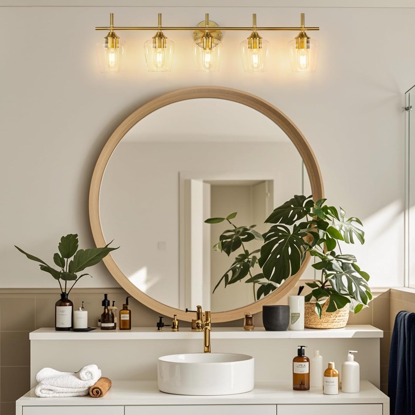 Lámpara baño 5 luces dorado cepillado pantallas