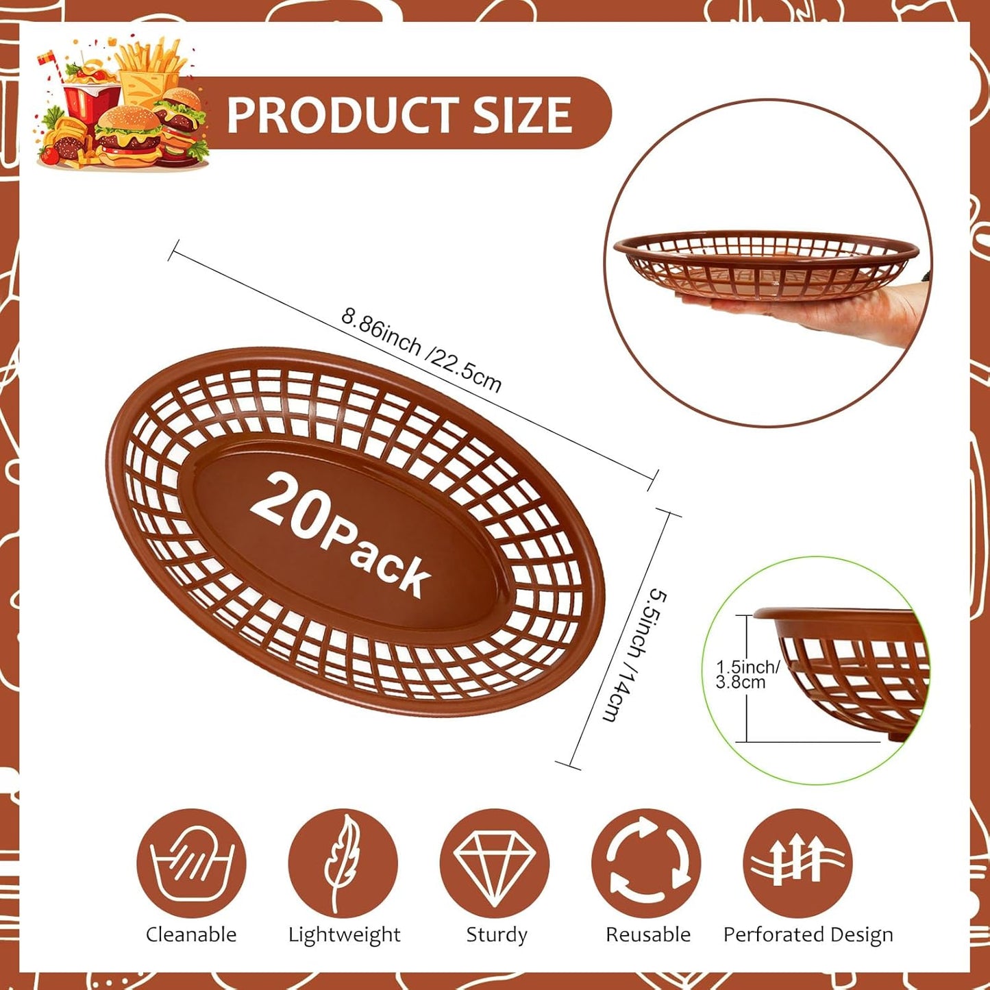 20 Pzas Cestas Alimentos Plástico Ovaladas 8.8x5.5pulg
