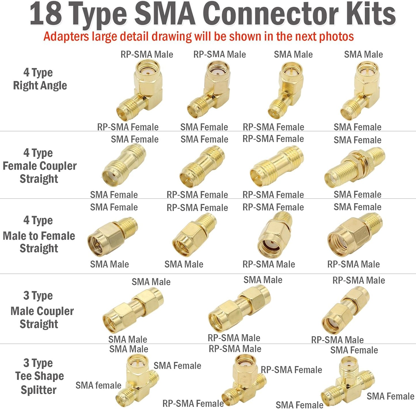Kit adaptador SMA 18 pzas chapado oro comp antenas FPV