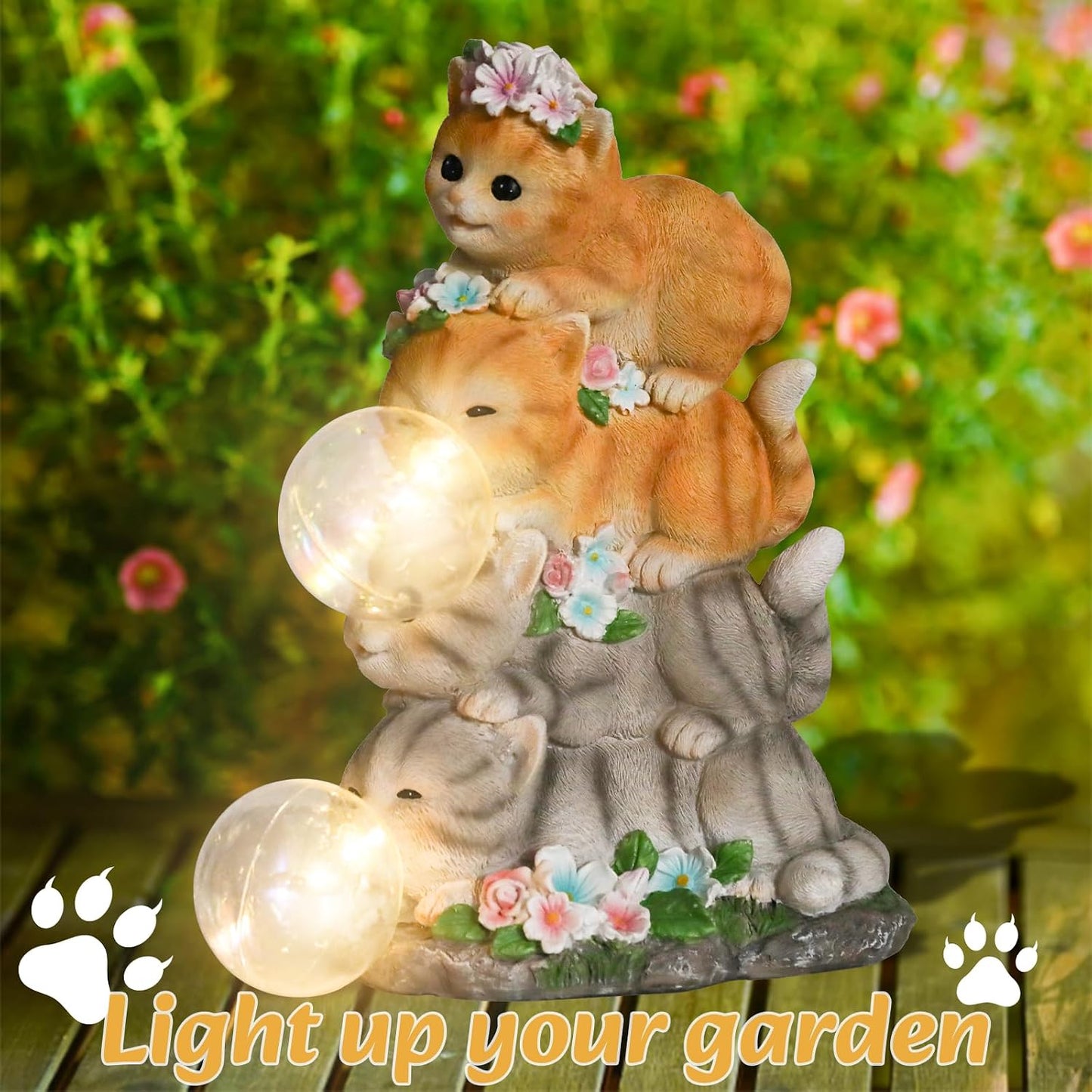 Estatua gato resina con luces LED para jardín