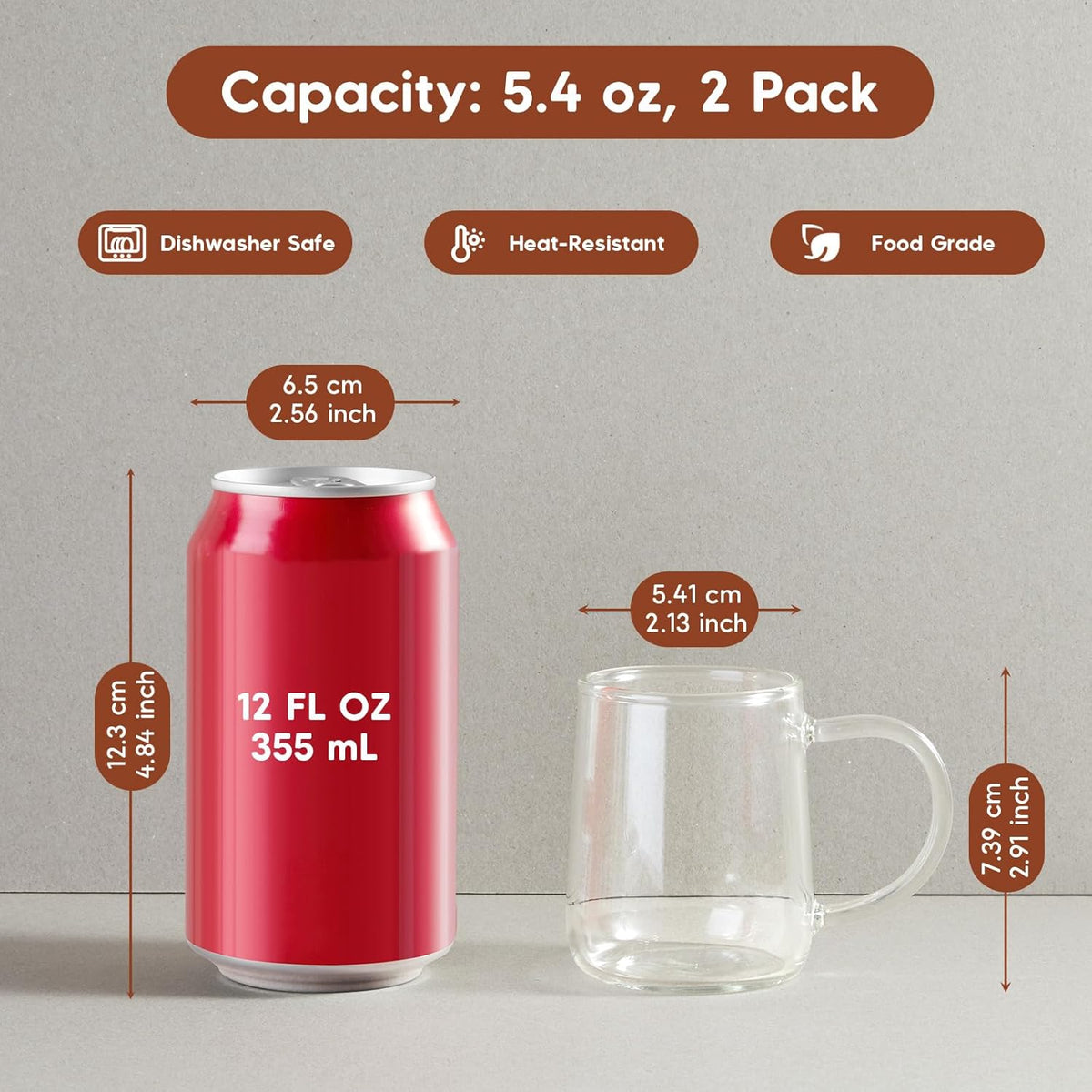Juego de 2 tazas expreso transparentes con asa, aptas para cafetera, microondas y lavavajillas
