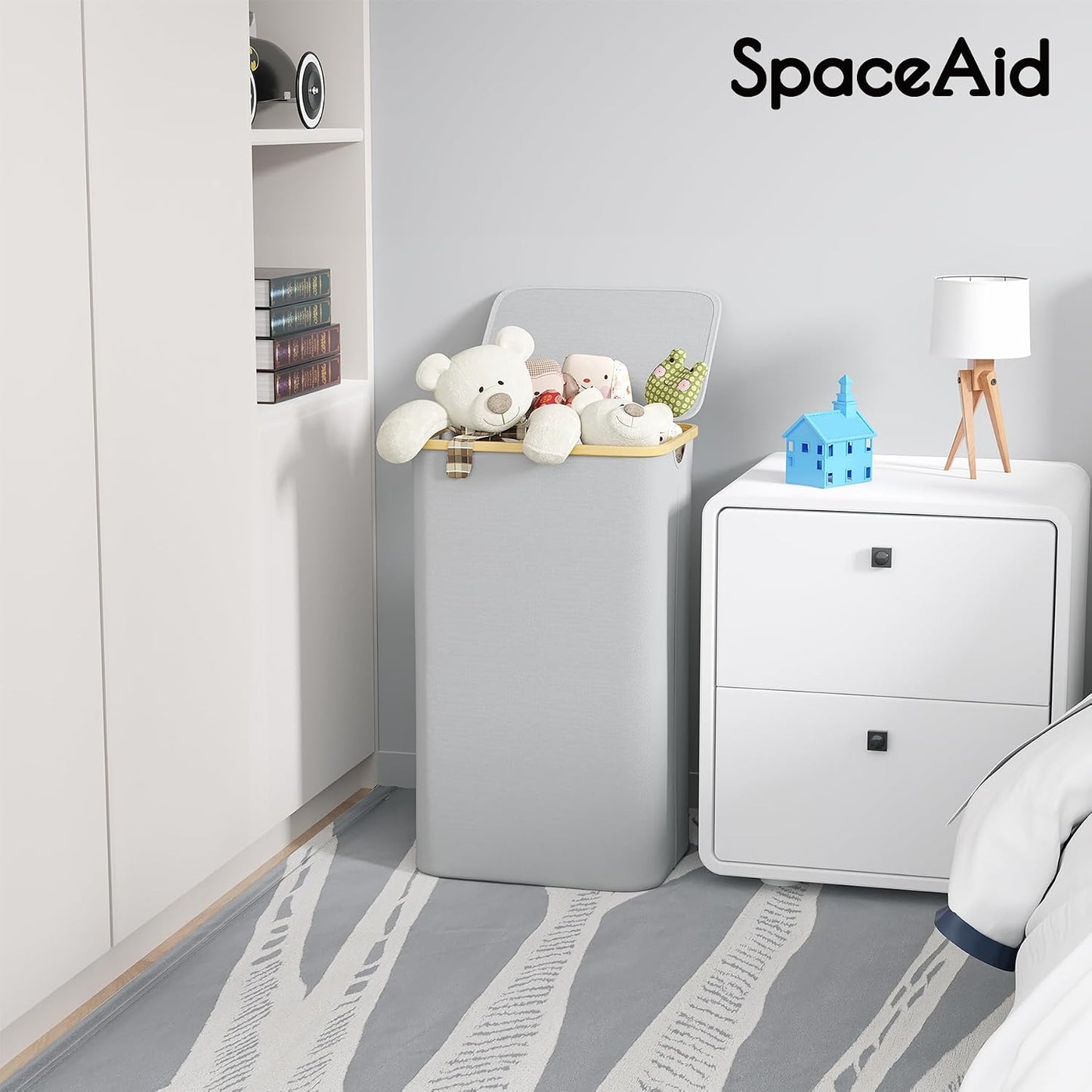 Cesta ropa sucia plegable con tapa asas bambú 110l gris